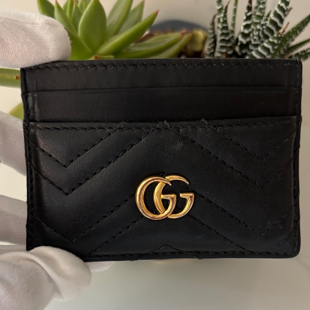 Gucci Marmont Double G Logo wallet Card Holder in Black Leather